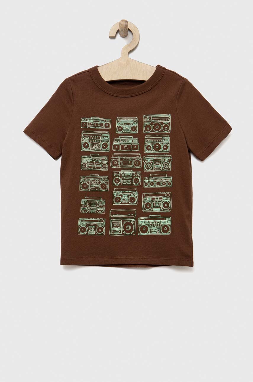 

Детска памучна тениска GAP в кафяво с принт, Кафяв