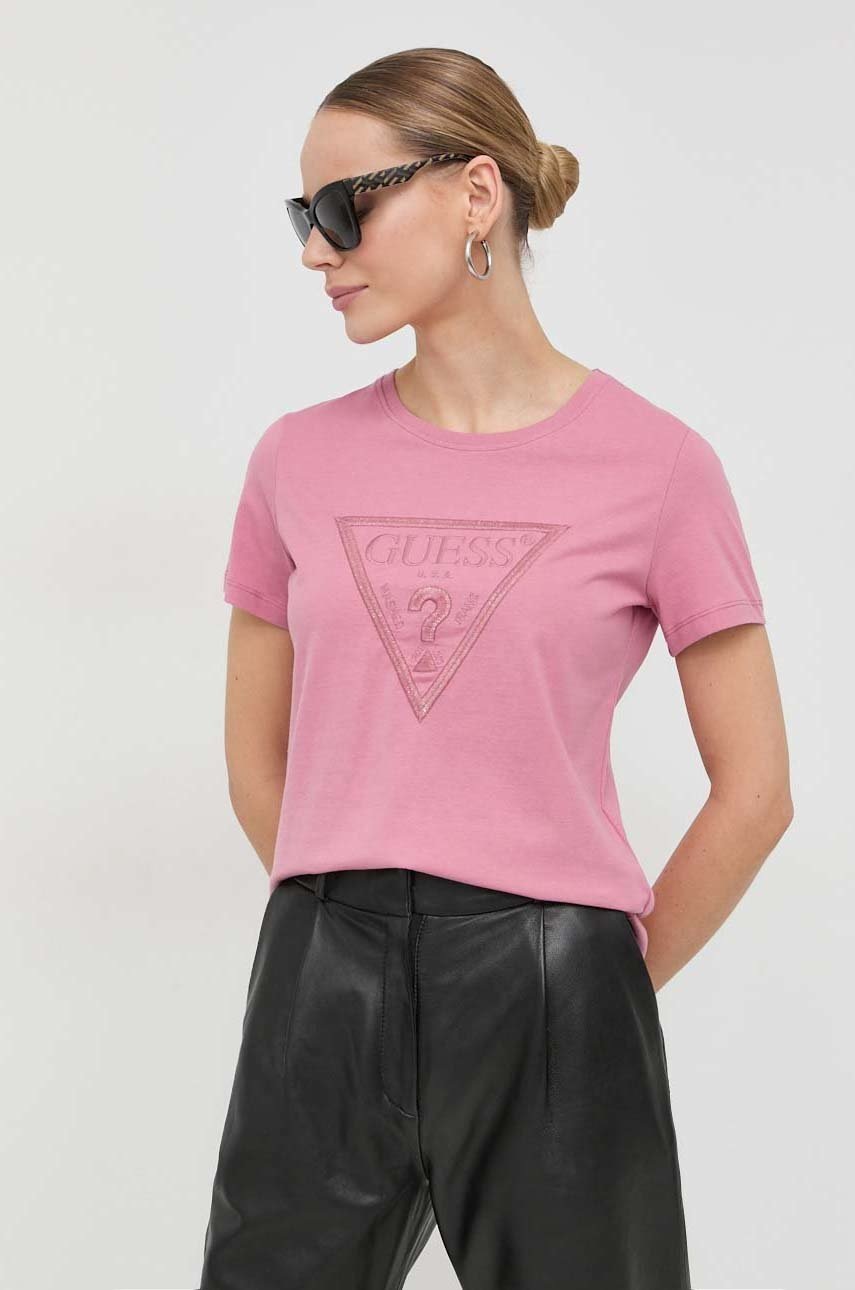

Памучна тениска Guess в розово, Розов
