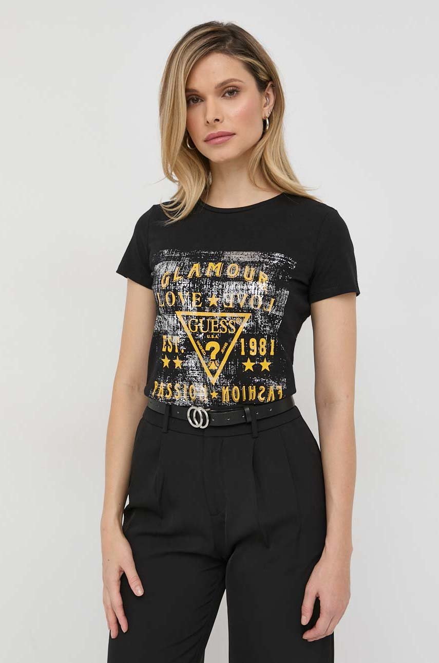 

Памучна тениска Guess в черно, Черен