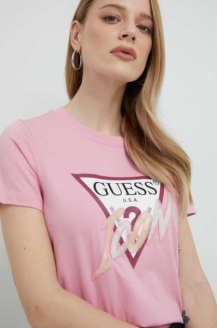 

Хлопковая футболка Guess цвет розовый
