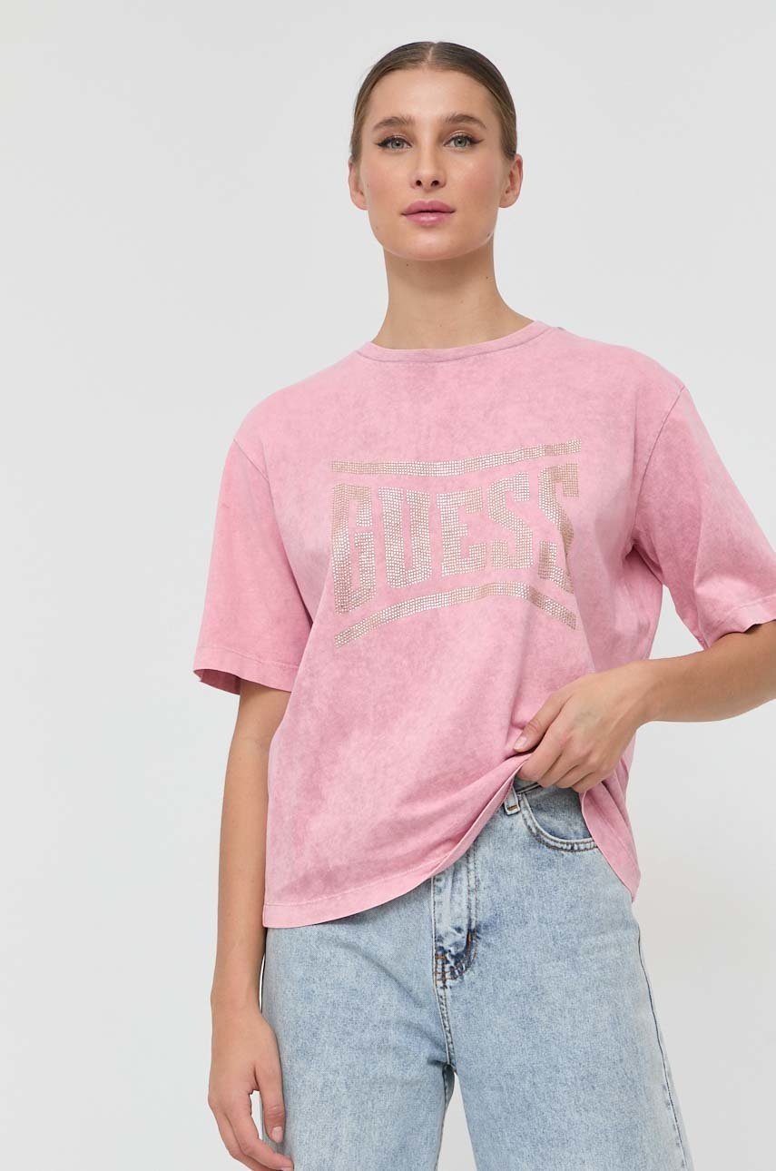 

Памучна тениска Guess в розово, Розов
