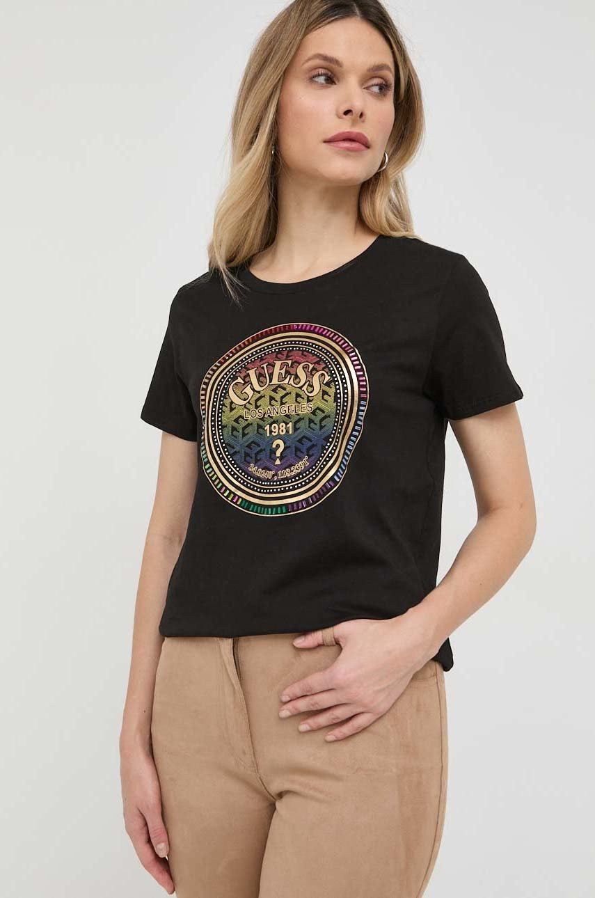 

Памучна тениска Guess в черно, Черен