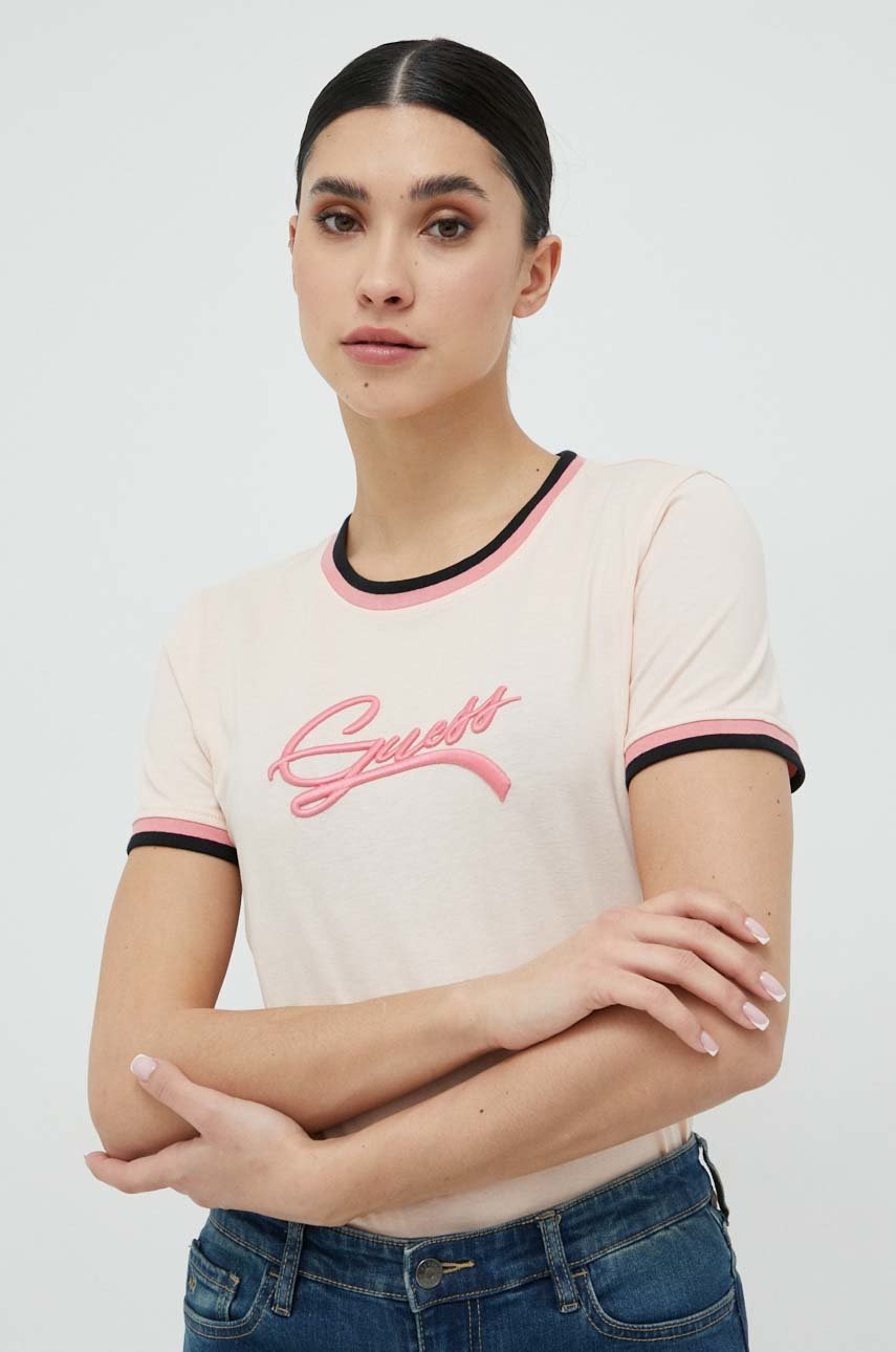 

Хлопковая футболка Guess цвет розовый
