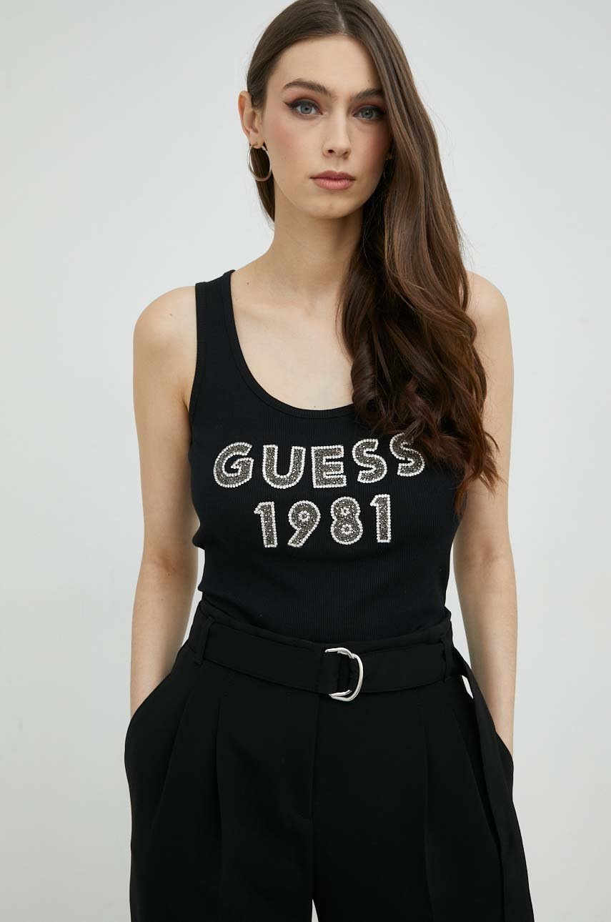 

Памучен топ Guess в черно, Черен