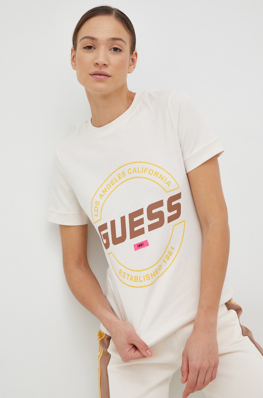 

Хлопковая футболка Guess цвет бежевый