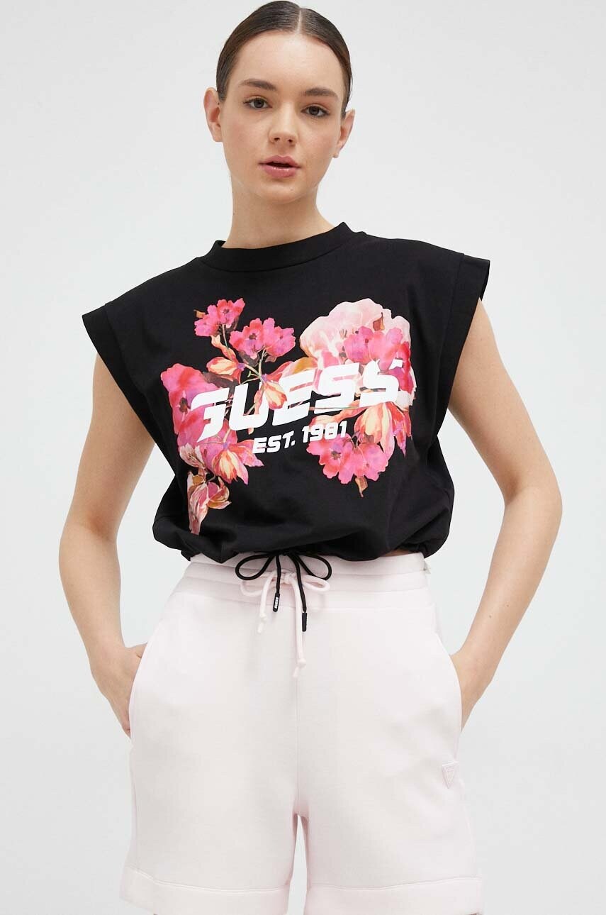 

Памучна тениска Guess в черно, Черен