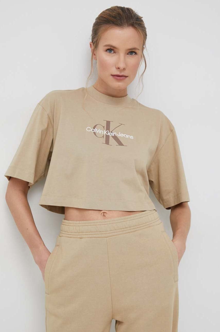 

Памучна тениска Calvin Klein Jeans в бежово, Бежов