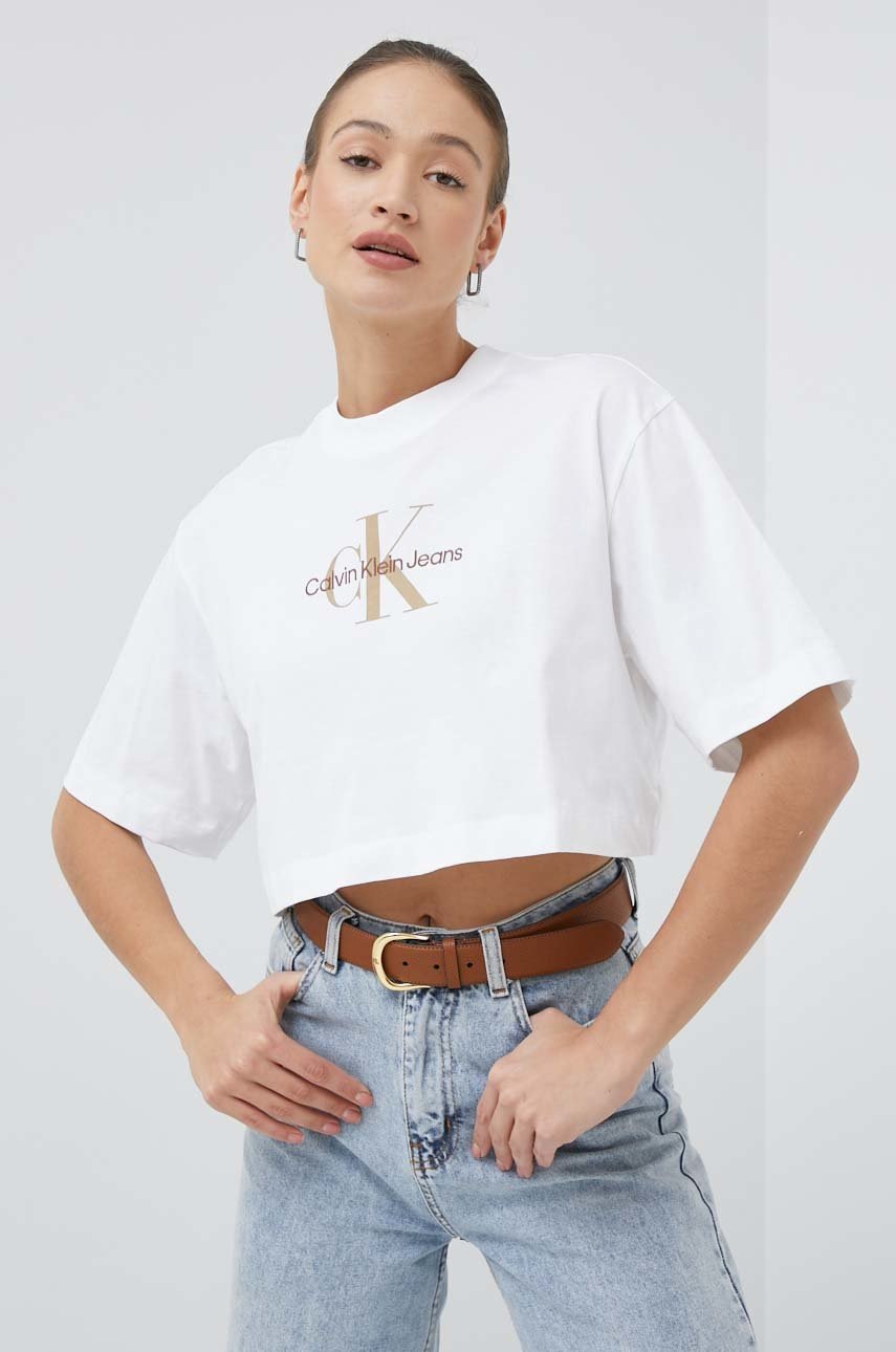 

Памучна тениска Calvin Klein Jeans в бяло, Бял