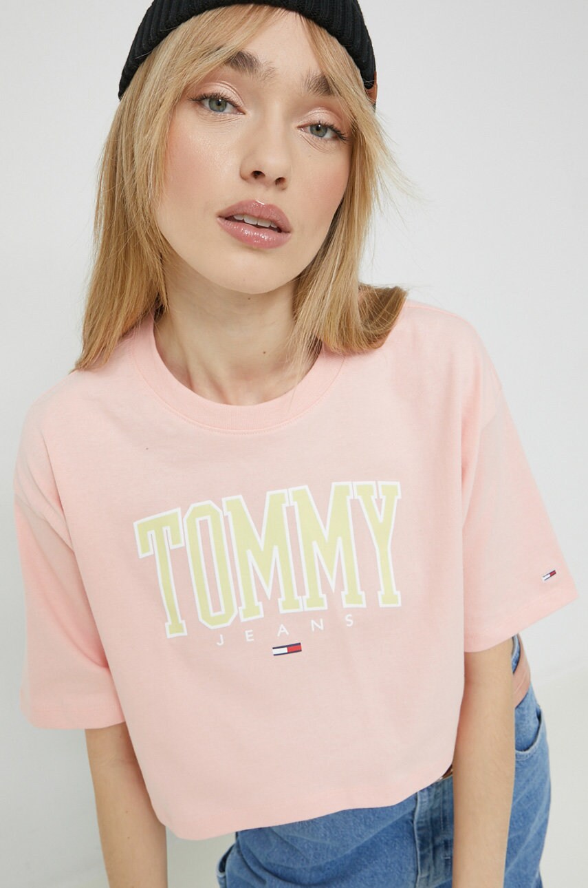 

Памучна тениска Tommy Jeans в розово, Розов