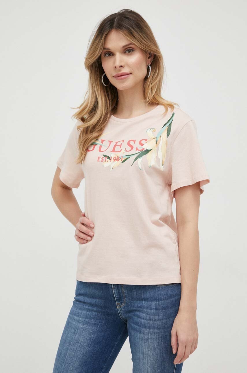 

Памучна тениска Guess в розово, Розов