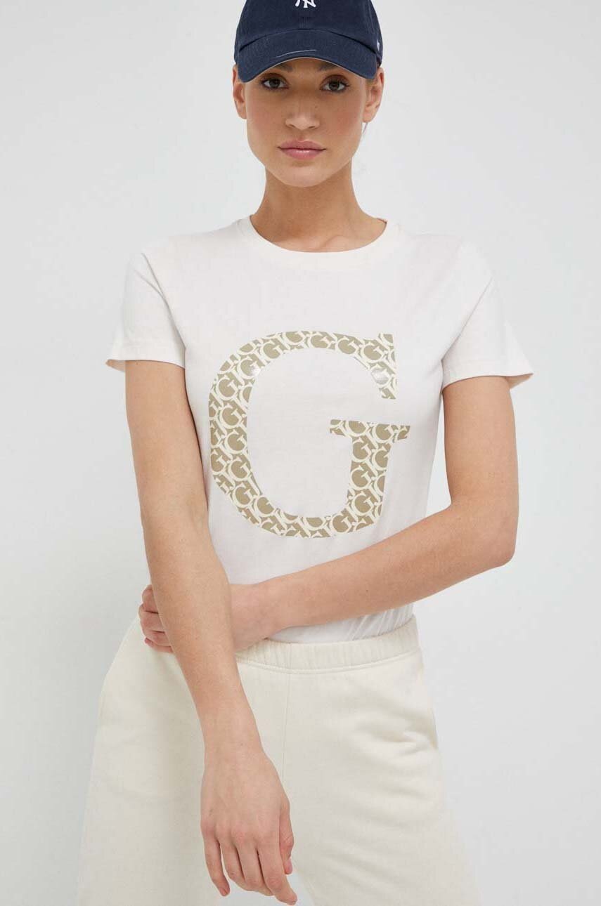 

Памучна тениска Guess в бежово, Бежов