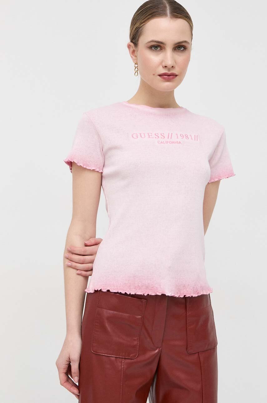 

Хлопковая футболка Guess цвет розовый