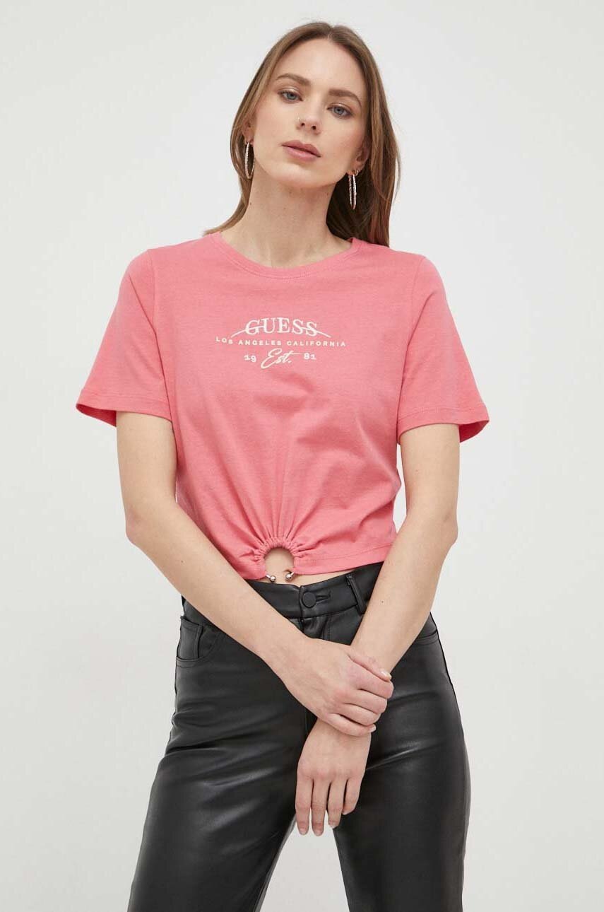 

Памучна тениска Guess в розово, Розов