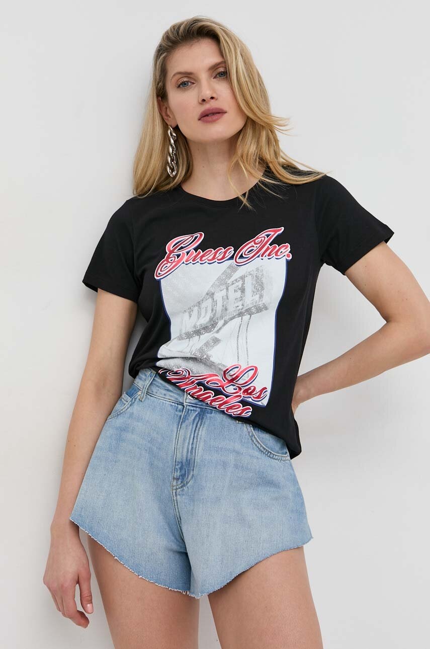 

Памучна тениска Guess в черно, Черен