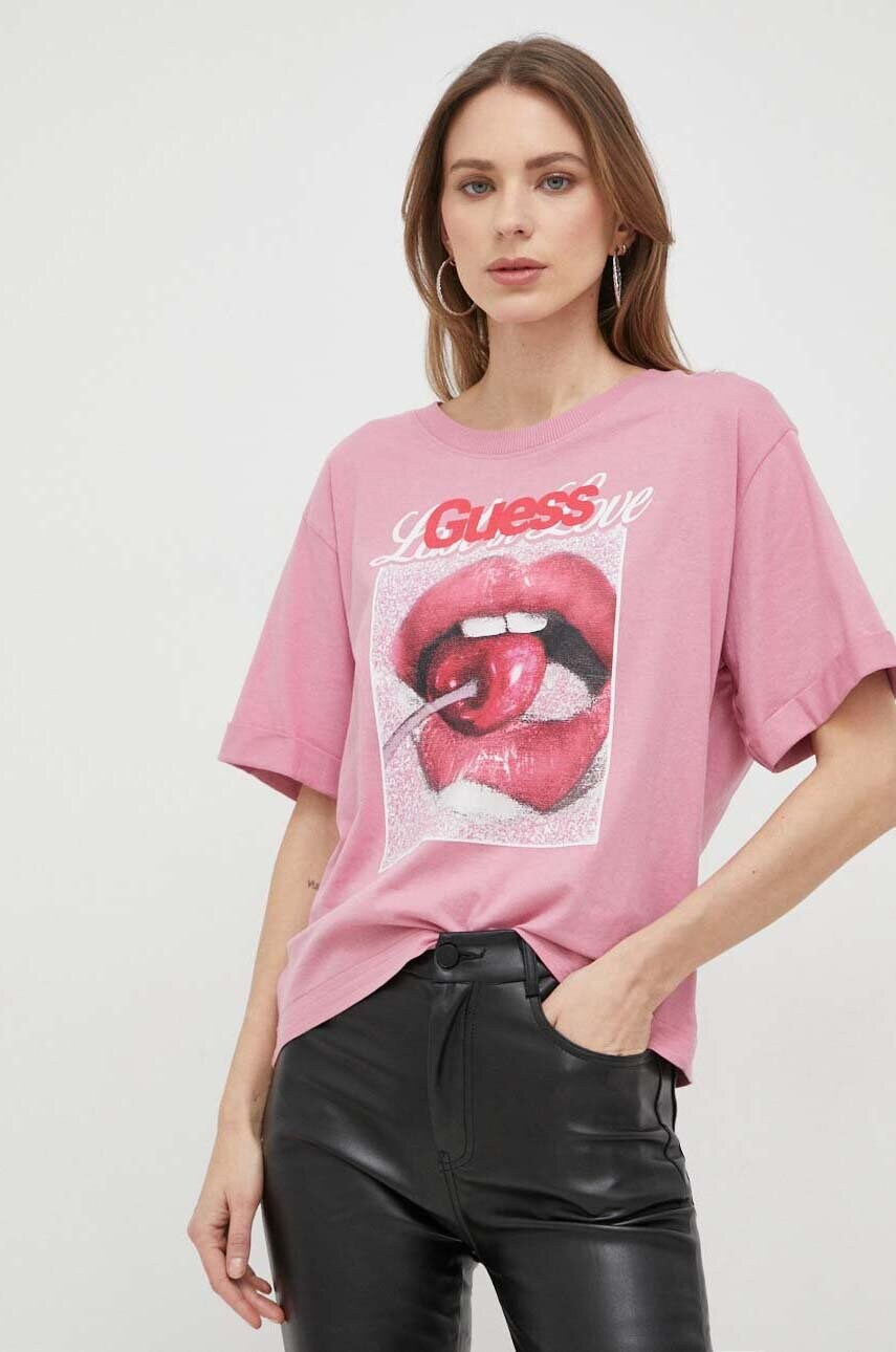 

Хлопковая футболка Guess цвет розовый