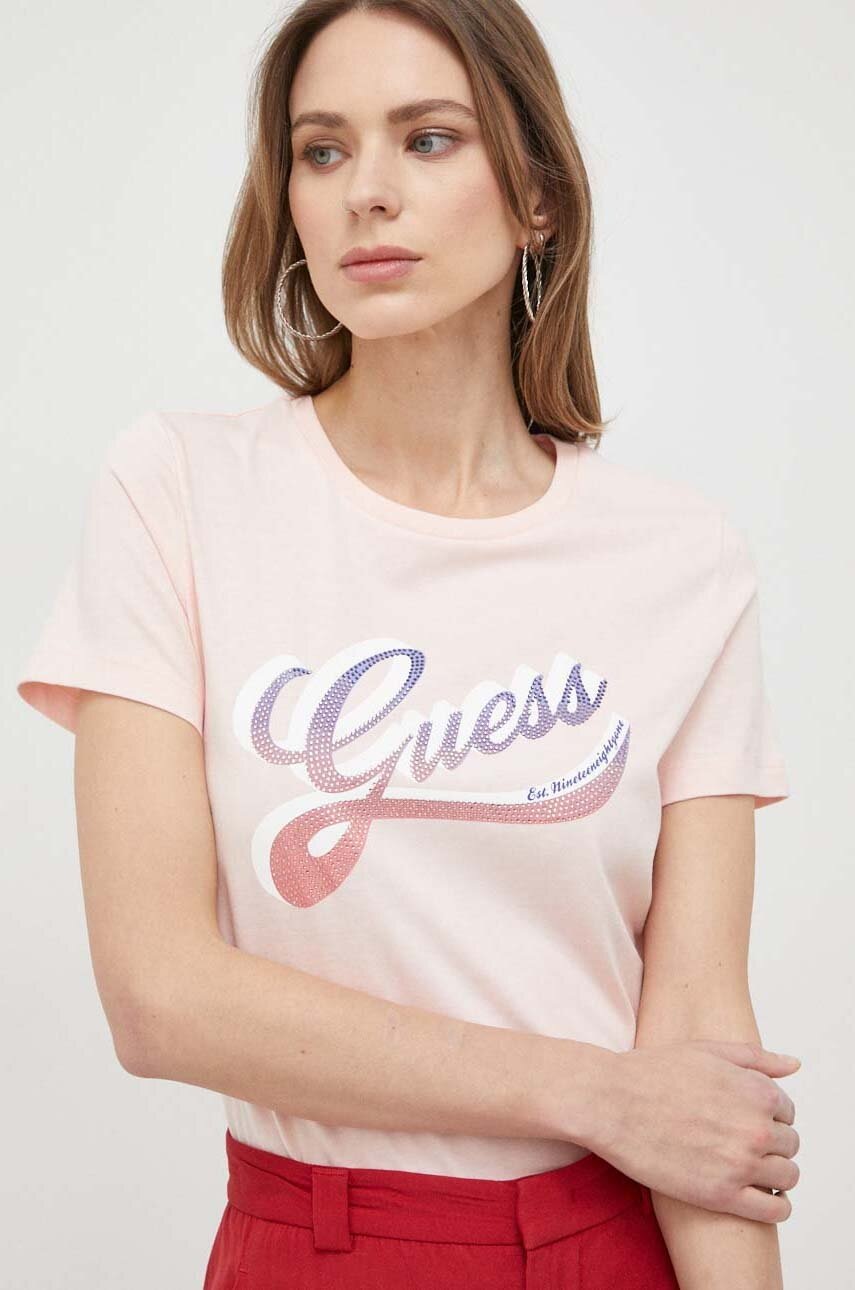 

Памучна тениска Guess в розово, Розов