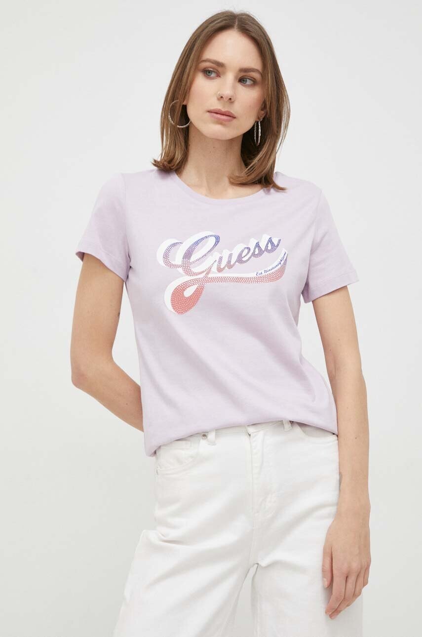 

Памучна тениска Guess в лилаво, Виолетов