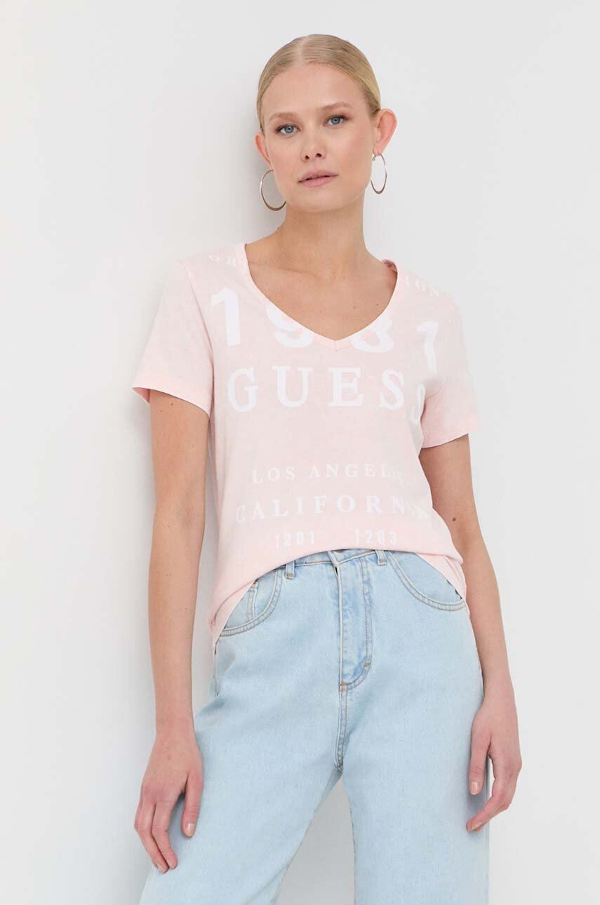 

Памучна тениска Guess в розово, Розов