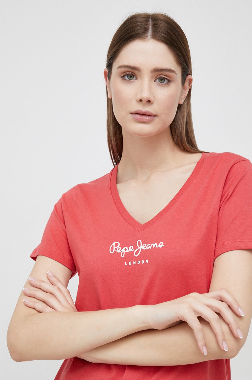 Pepe Jeans Tricou Din Bumbac Wendy V Neck Culoarea Rosu