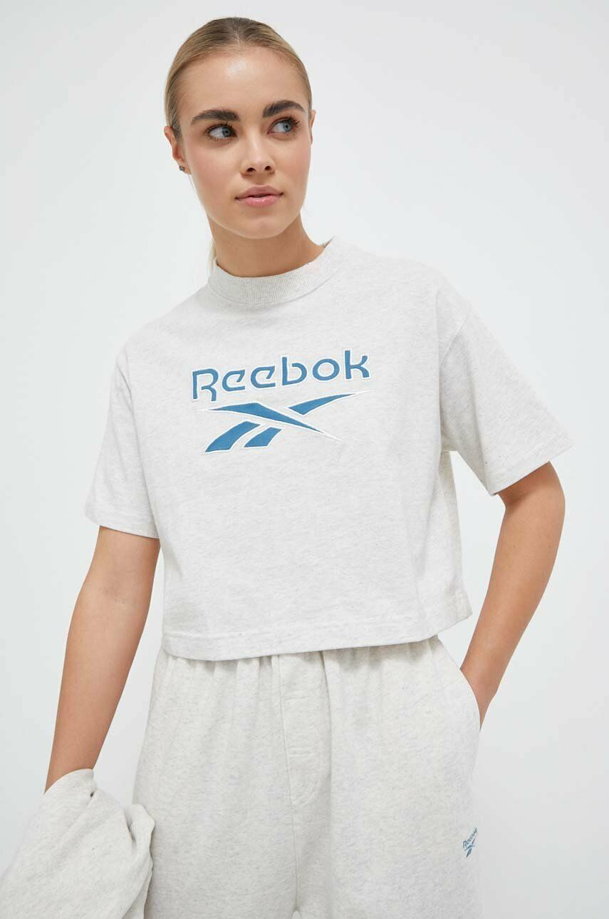 Bavlněné tričko Reebok Classic AE Big Logo Crop béžová barva, IC8094-CHAMEL - šedá -  100 % Bav