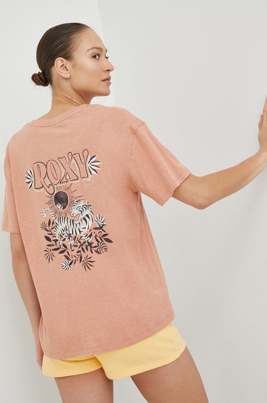 Bavlněné tričko Roxy hnědá barva - hnědá -  100 % Bavlna