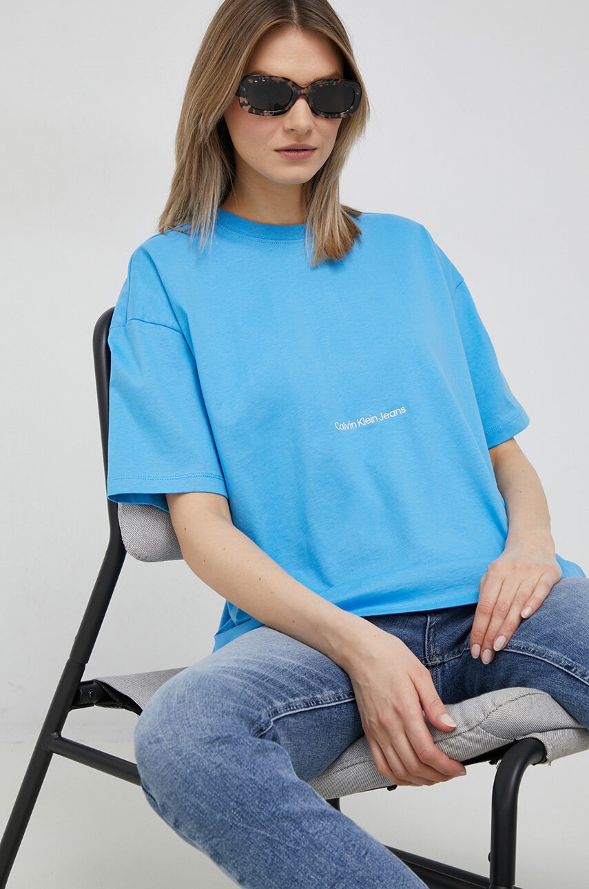 

Памучна тениска Calvin Klein Jeans в синьо, Син