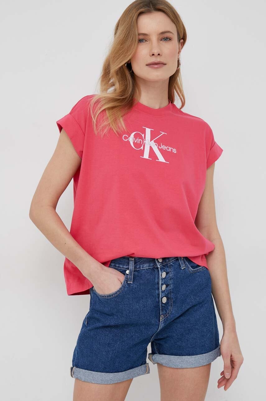 

Памучна тениска Calvin Klein Jeans в розово, Розов