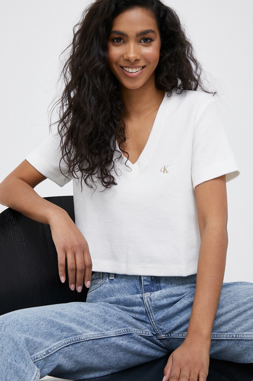 

Памучна тениска Calvin Klein Jeans в бяло, Бял