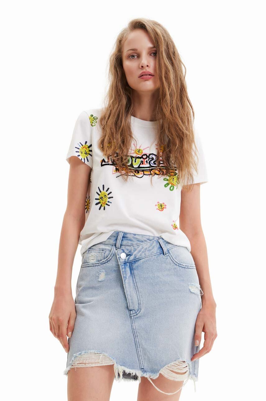 

Памучна тениска Desigual в бяло, Бял