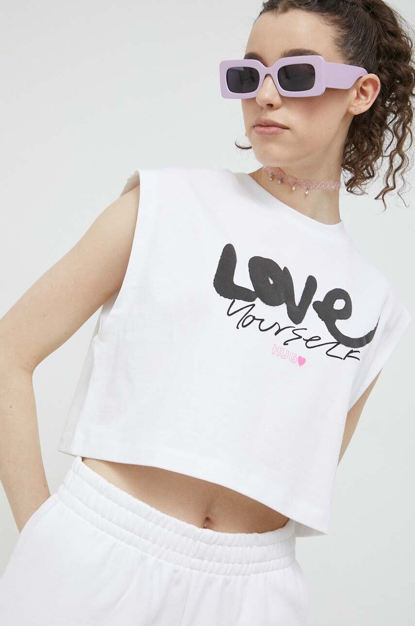 HUGO top din bumbac culoarea alb