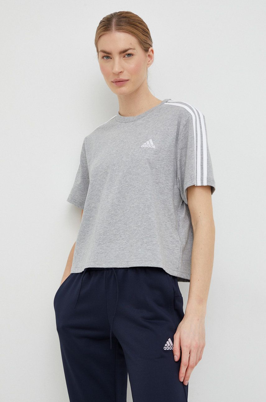Bavlněné tričko adidas šedá barva - šedá -  Hlavní materiál: 100 % Bavlna Ozdobné prvky: 1