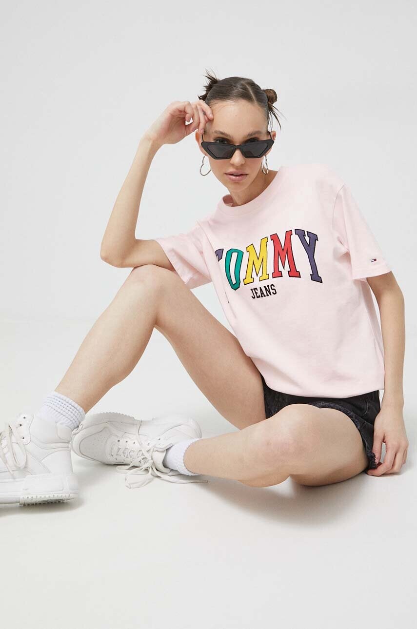 

Памучна тениска Tommy Jeans в розово, Розов
