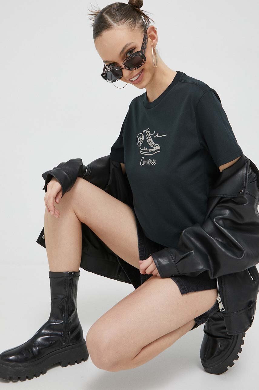 

Памучна тениска Converse в черно, Черен