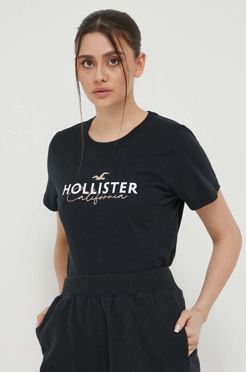 

Памучна тениска Hollister Co. в черно, Черен