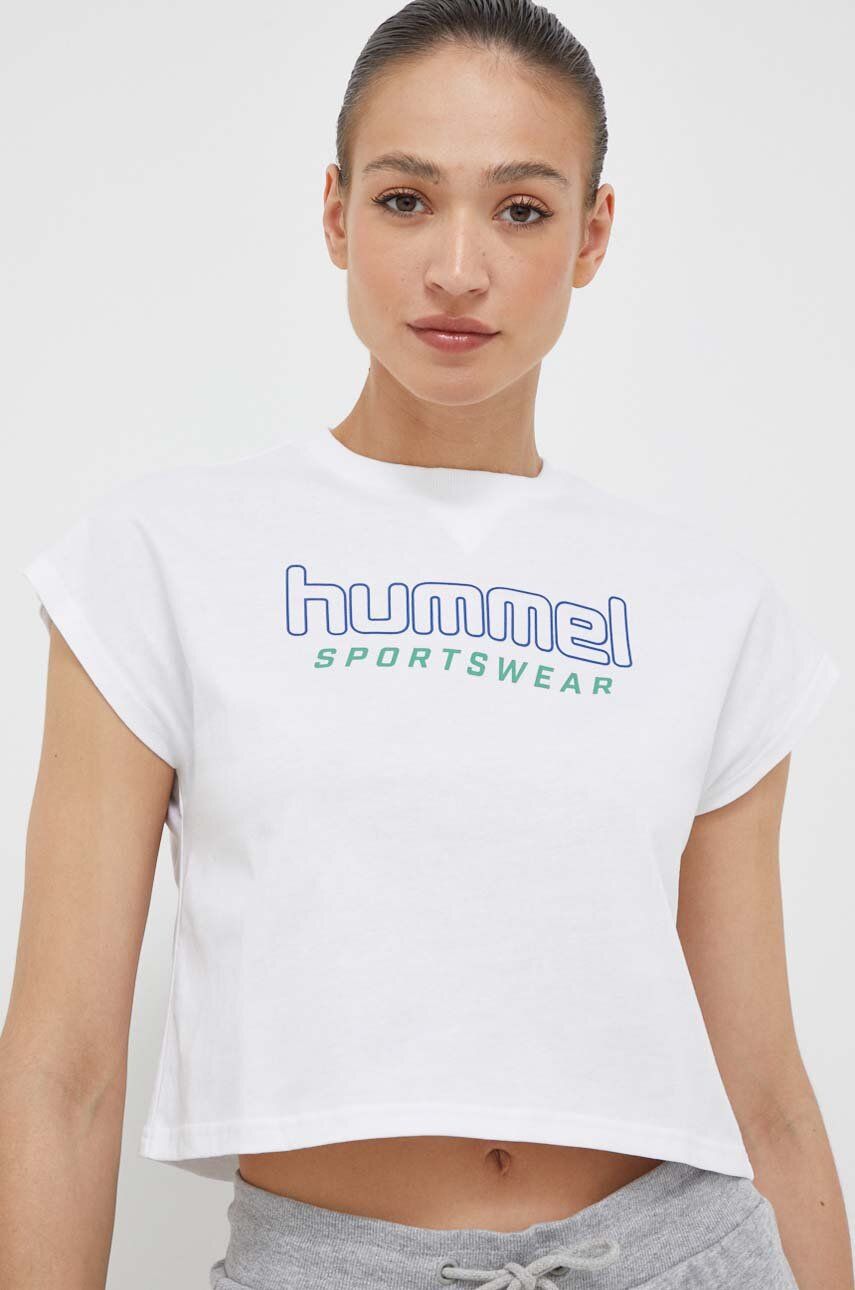 Levně Bavlněné tričko Hummel bílá barva