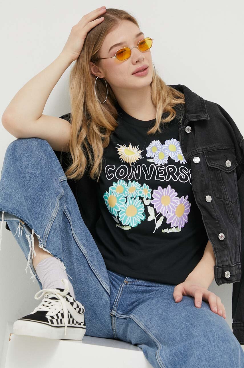 

Памучна тениска Converse в черно, Черен
