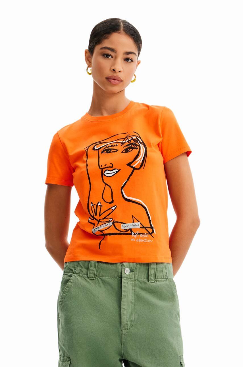 Desigual tricou din bumbac culoarea portocaliu