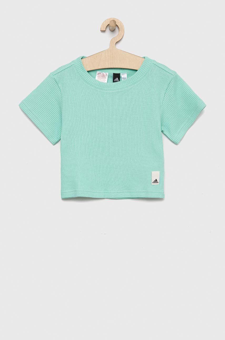 Levně Dětské bavlněné tričko adidas tyrkysová barva