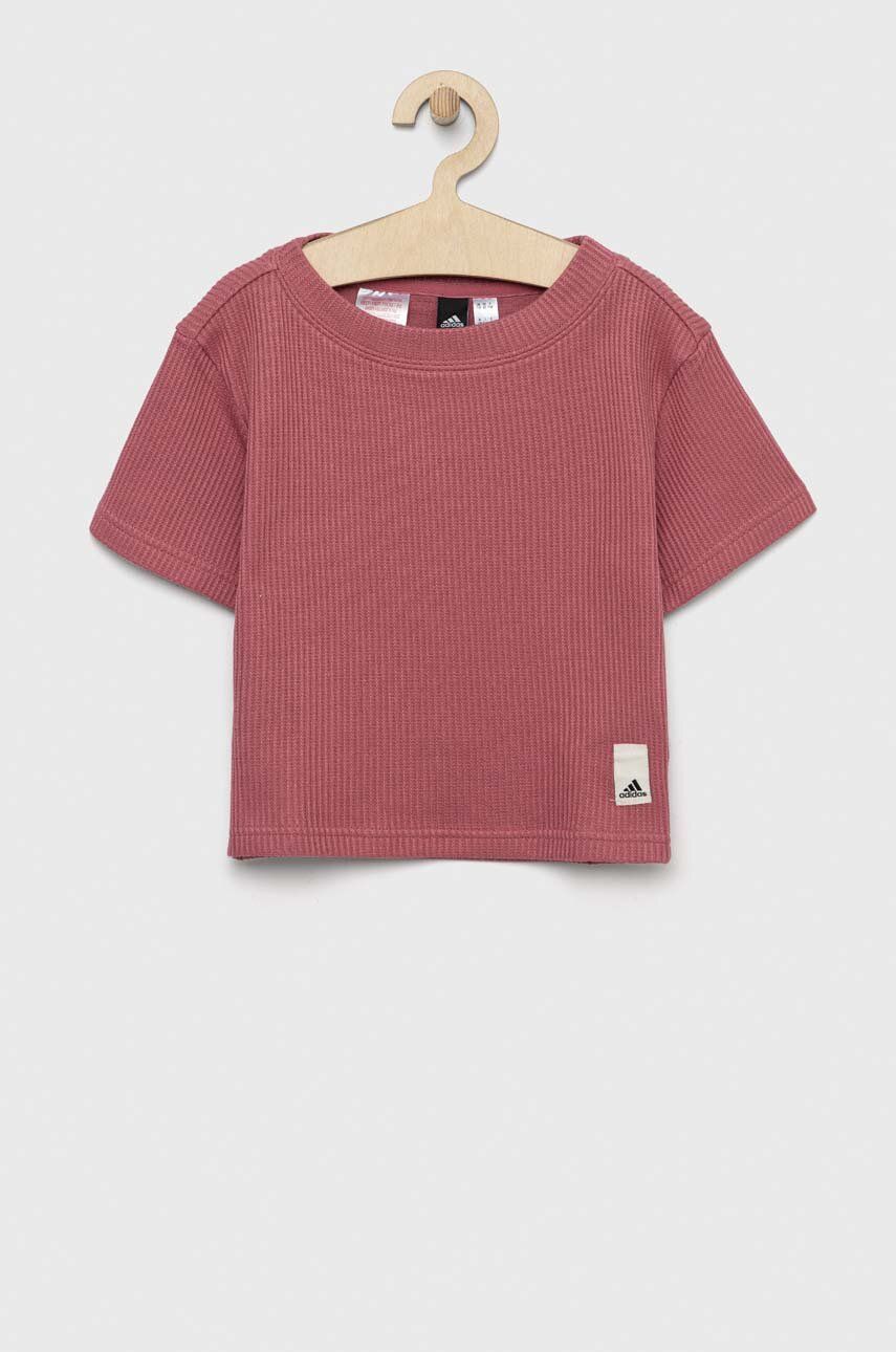 Levně Dětské bavlněné tričko adidas růžová barva