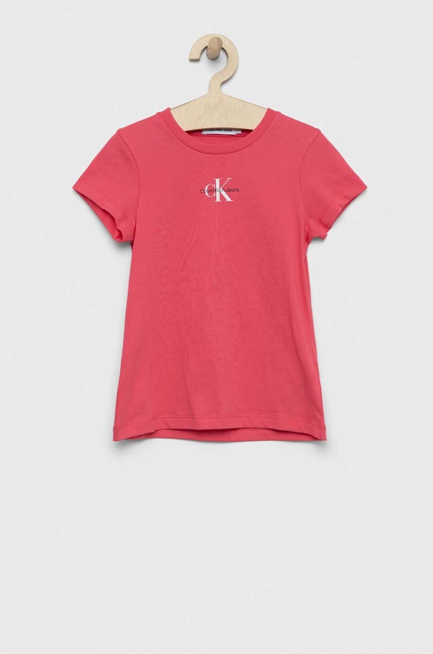 

Детска памучна тениска Calvin Klein Jeans в розово, Розов