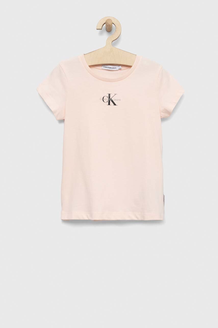 

Детска памучна тениска Calvin Klein Jeans в розово, Розов