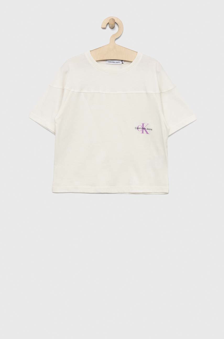 

Детска памучна тениска Calvin Klein Jeans в бяло, Бял