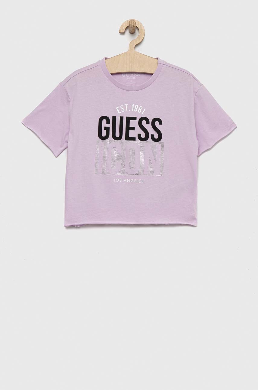 Хлопковая футболка Guess цвет фиолетовый Хлопковая футболка Guess цвет фиолетовый