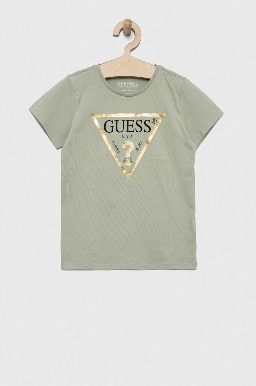 

Дитяча бавовняна футболка Guess колір зелений