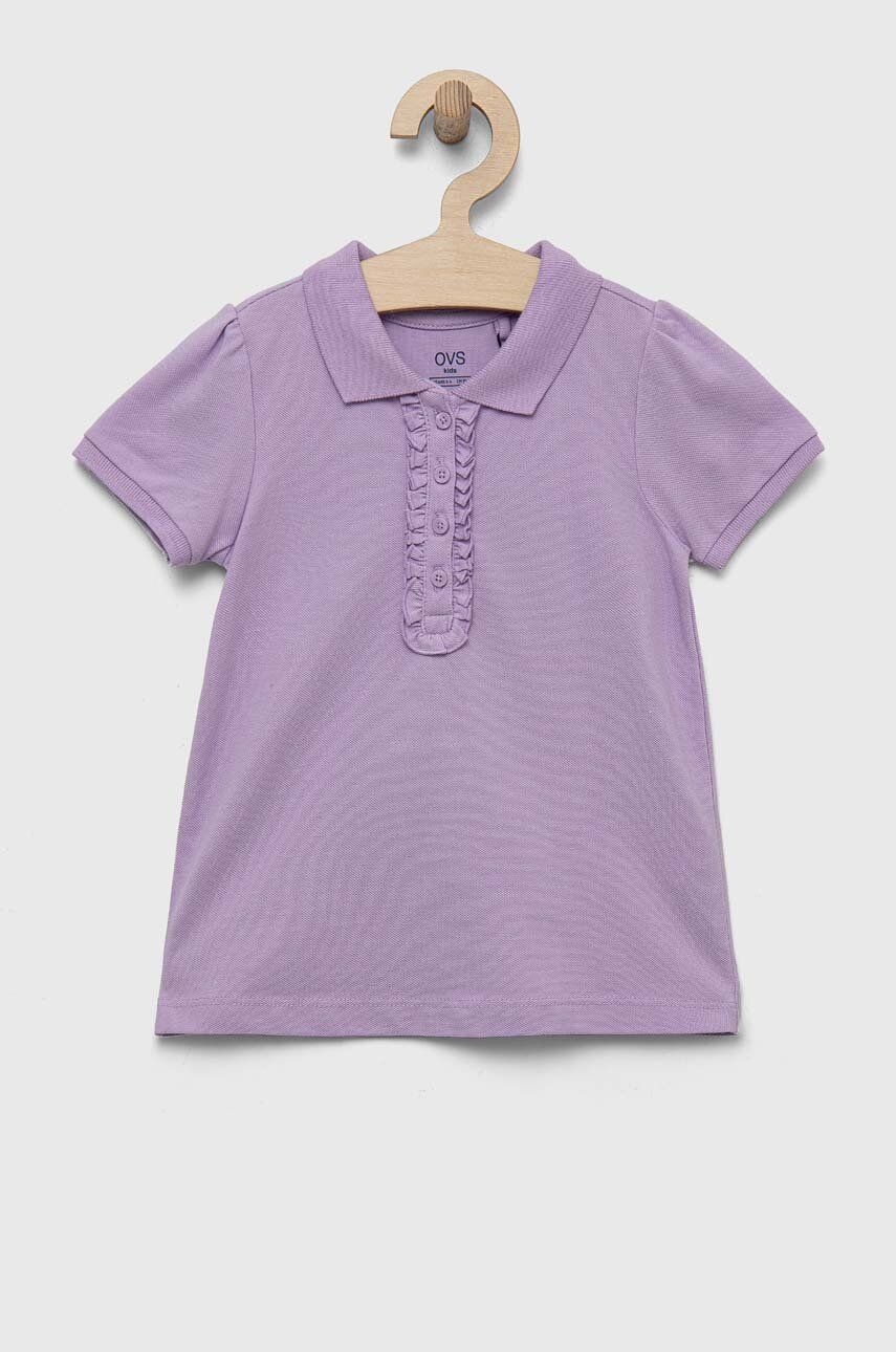 OVS tricou de bumbac pentru copii culoarea violet, cu guler