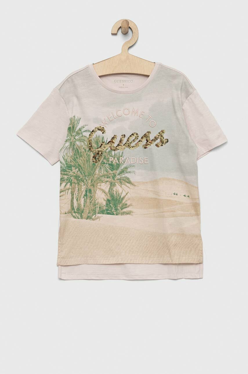 Детская хлопковая футболка Guess цвет бежевый