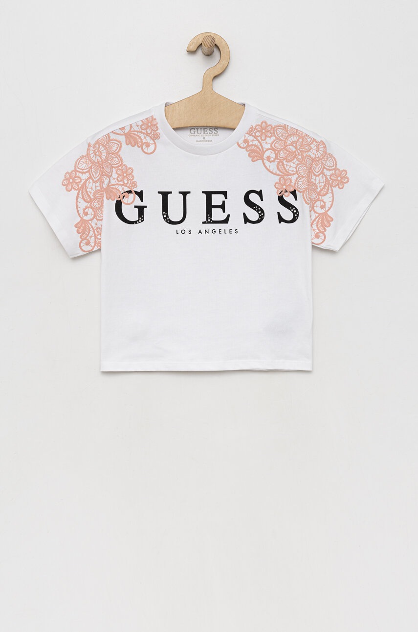

Дитяча бавовняна футболка Guess колір білий