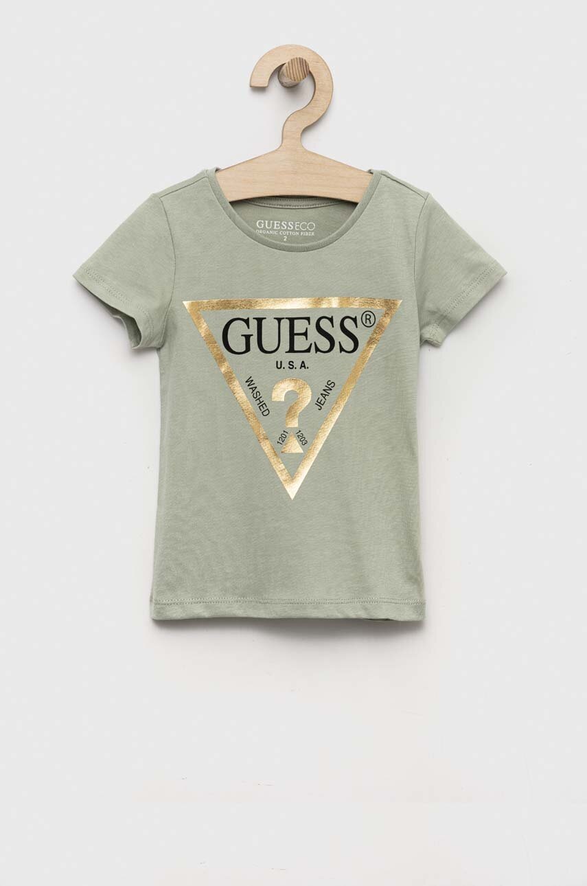 

Дитяча бавовняна футболка Guess колір зелений