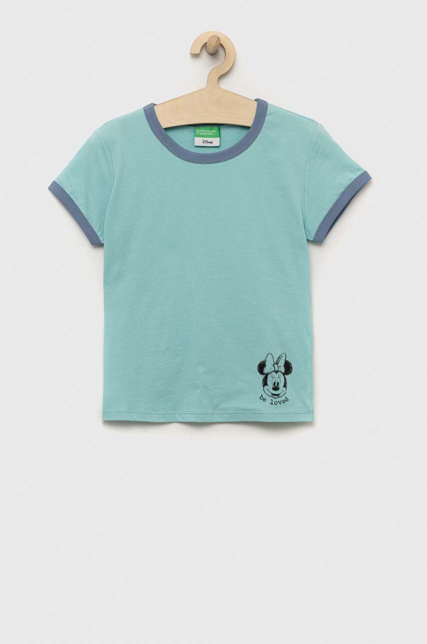 Levně Dětské bavlněné tričko United Colors of Benetton tyrkysová barva