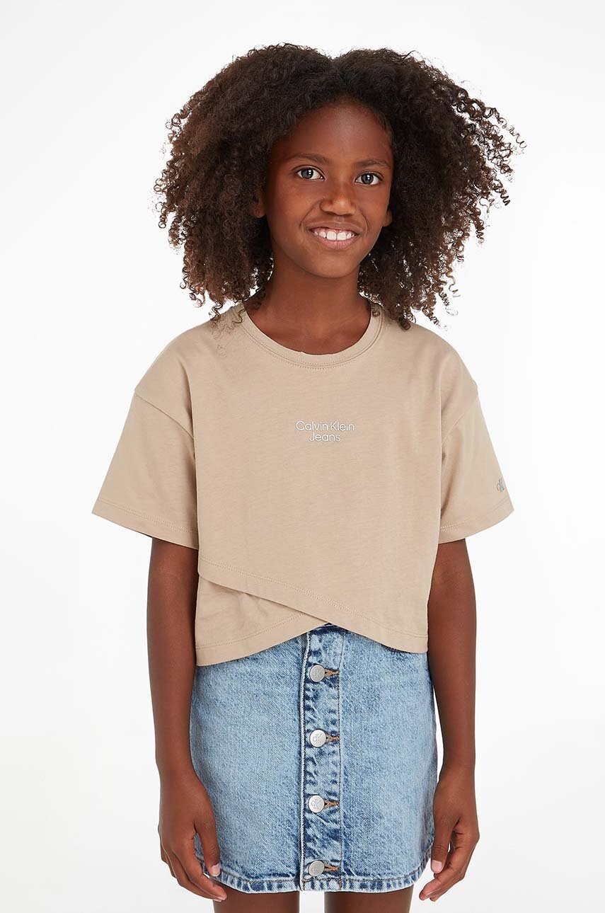 

Детска памучна тениска Calvin Klein Jeans в бежово, Бежов